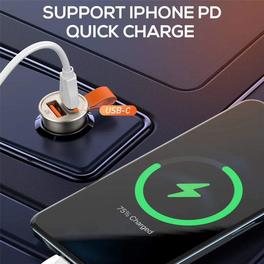 LDNIO C509Q 30W Biloplader Dobbeltport USB-C PD USB-A QC4.0 Lynopladningsadapter med indbygget snor til iPhone Samsung