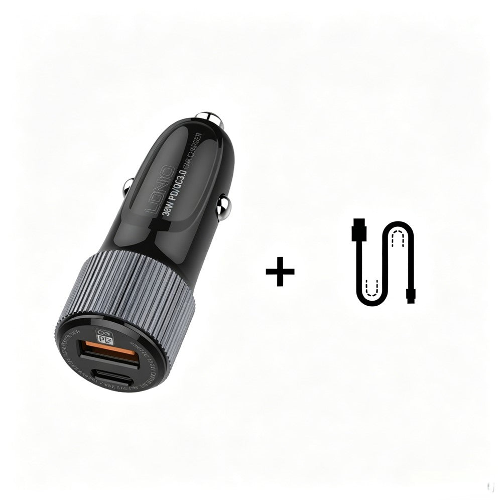 LDNIO C510Q 36W billaddare med dubbla portar och USB-C till USB-C-kabel 20W PD3.0 18W QC3.0 snabbladdningsadapter för mobil och surfplatta
