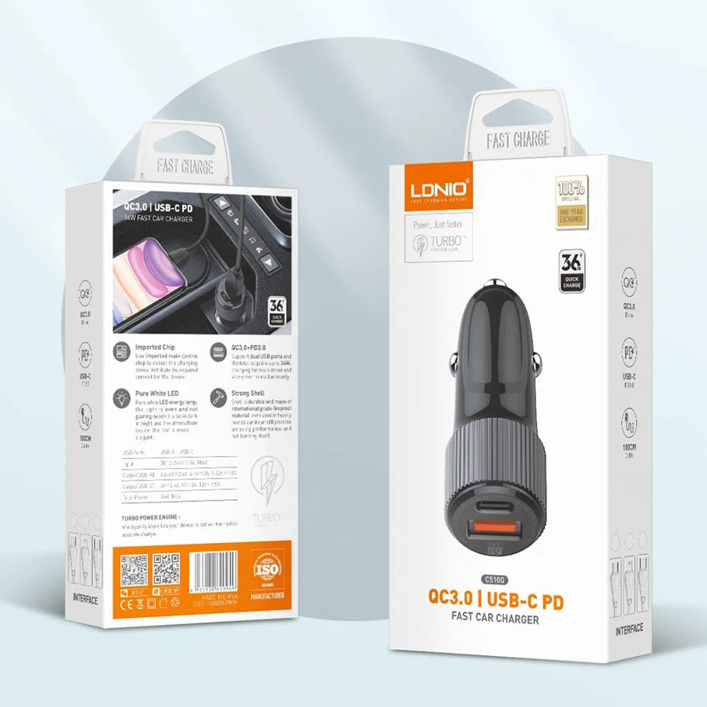 LDNIO C510Q 36W billaddare med dubbla portar och USB-C till USB-C-kabel 20W PD3.0 18W QC3.0 snabbladdningsadapter för mobil och surfplatta