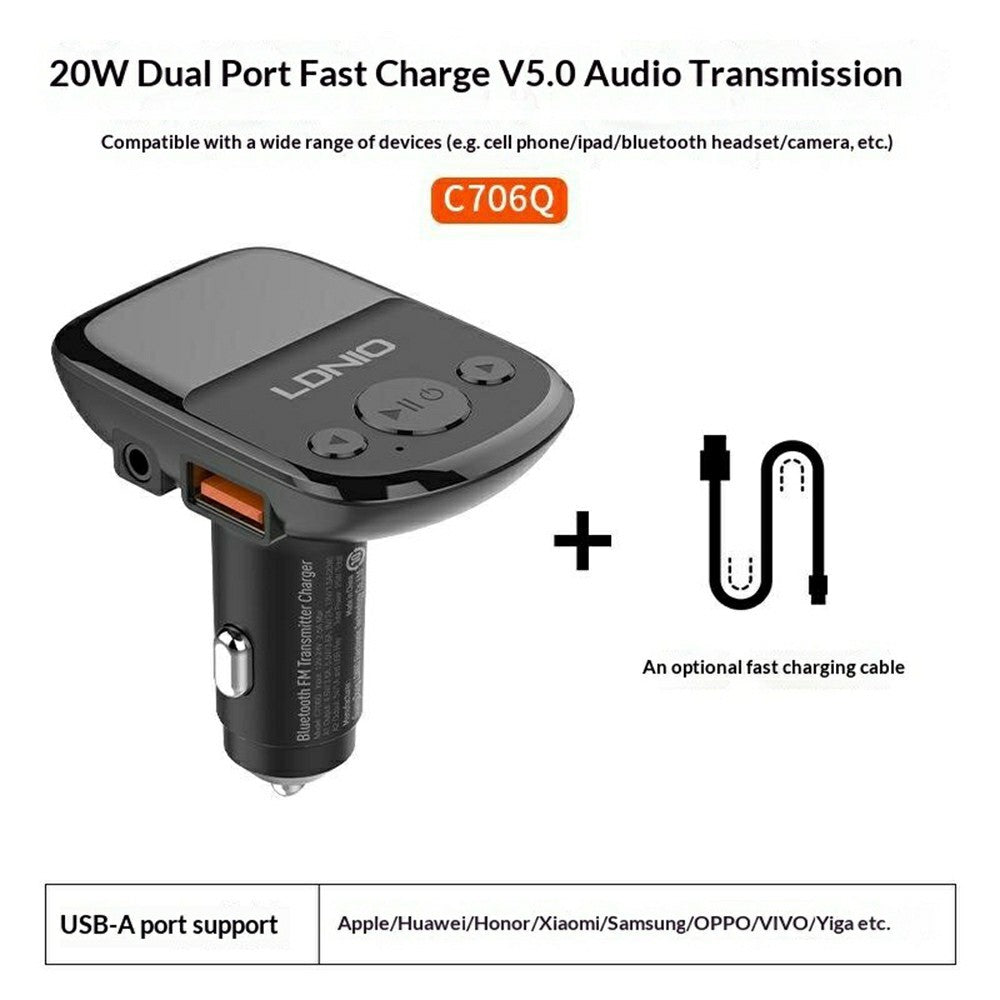 LDNIO C706Q Bluetooth-kompatibel 5.0 FM-sändare med dubbla USB-portar, 25W billaddare, 20W QC3.0, 5W AUTO-ID, 3,5 mm AUX, snabbladdningsadapter för mobil