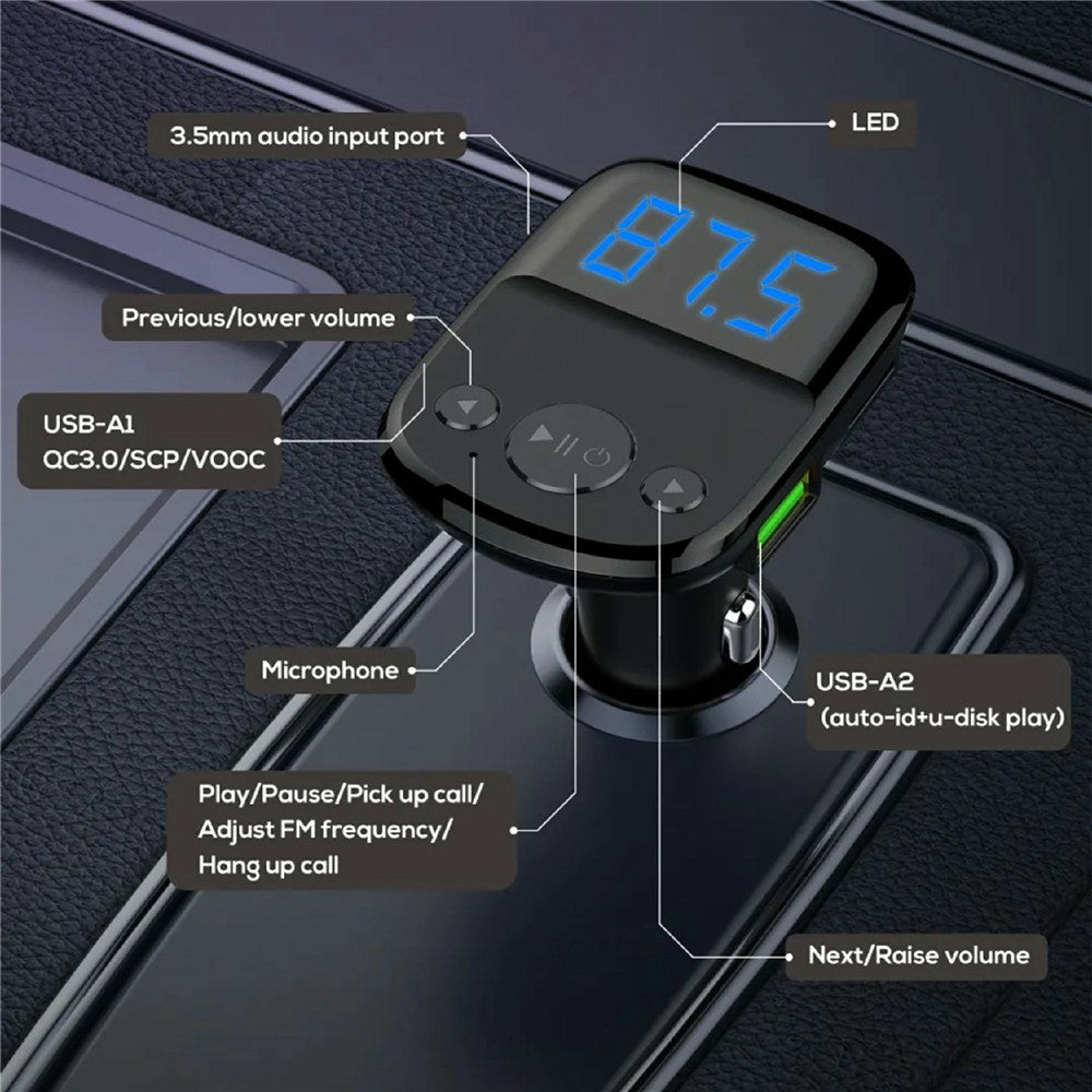 LDNIO C706Q Bluetooth-kompatibel 5.0 FM-sändare med dubbla USB-portar, 25W billaddare, 20W QC3.0, 5W AUTO-ID, 3,5 mm AUX, snabbladdningsadapter för mobil