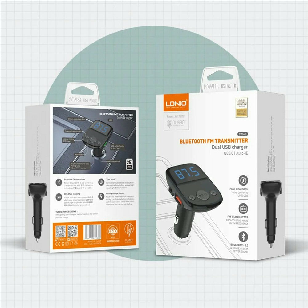 LDNIO C706Q Bluetooth-kompatibel 5.0 FM-sändare med dubbla USB-portar, 25W billaddare, 20W QC3.0, 5W AUTO-ID, 3,5 mm AUX, snabbladdningsadapter för mobil