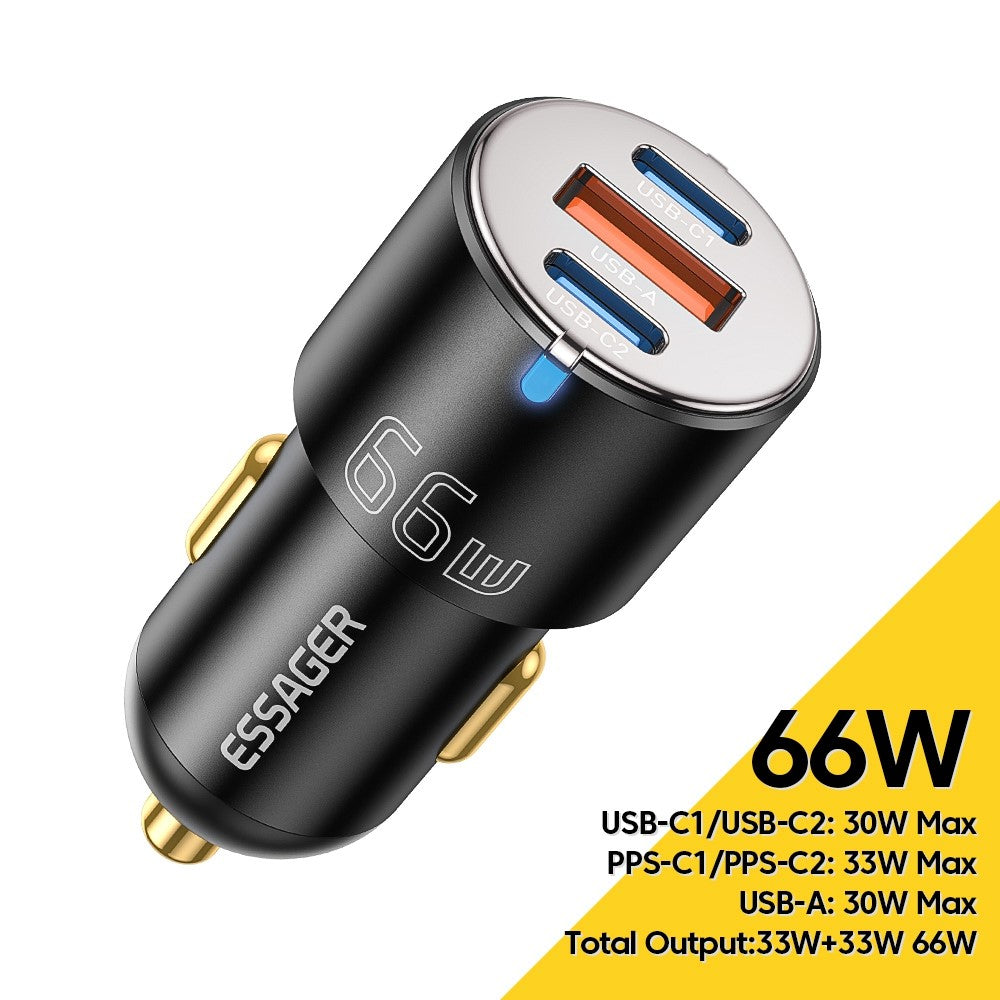 ESSAGER F689 66W Dobbelt USB C + USB A 3-ports Biloplader Telefonopladningsadapter