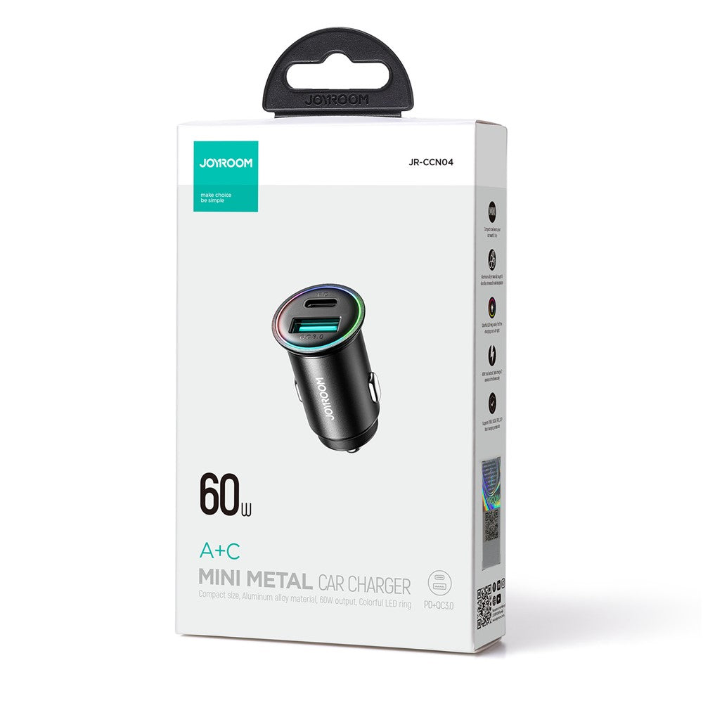 JOYROOM JR-CCN04 60W Fast Charging Mini Metal Car Charger Dual-Port USB-A+Type-C Cigarette Lighter Charger