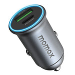 MOMAX PD 30W Type-C+USB-telefonhurtigoplader ABS+Aluminiumslegering Biloplader (CE-certificeret)
