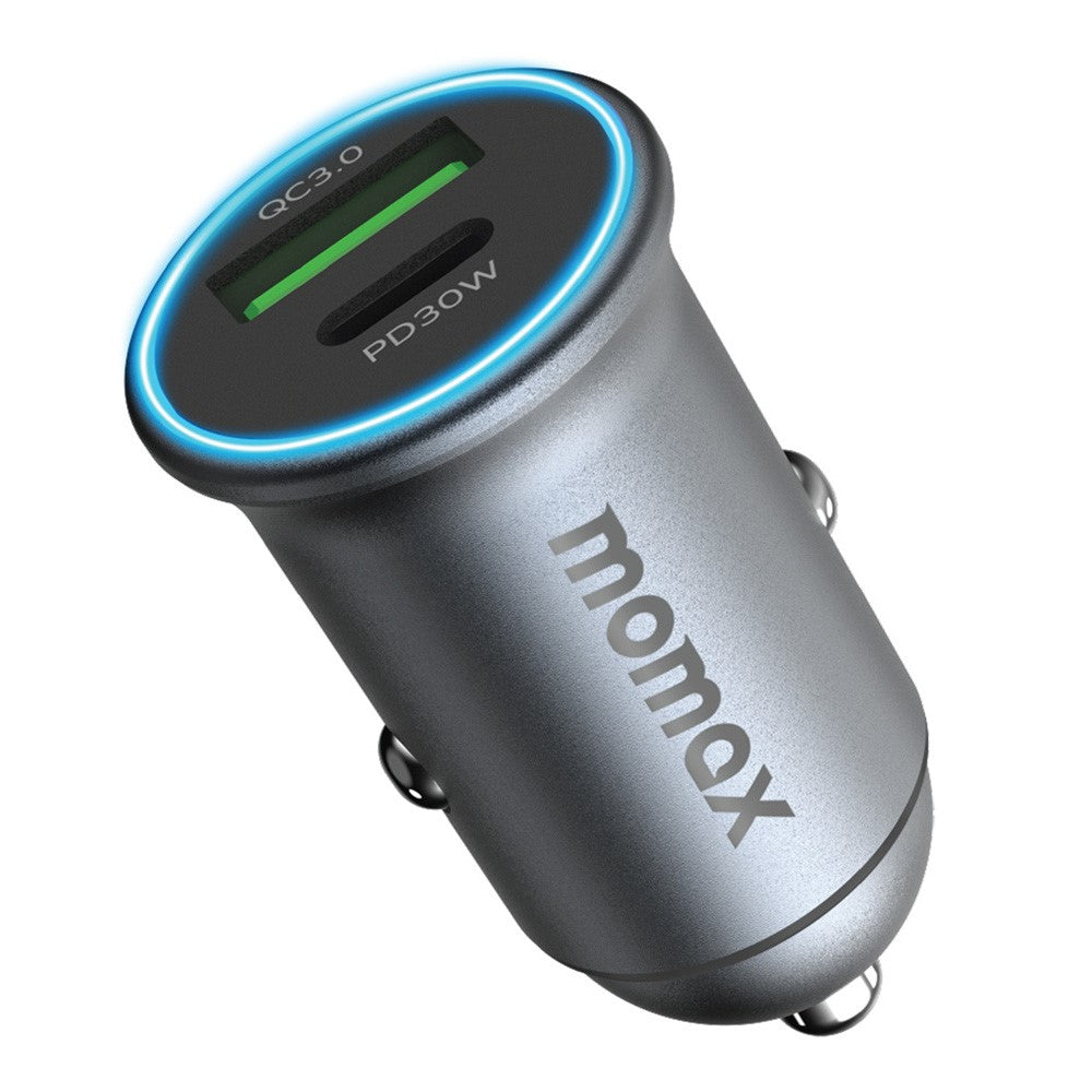 MOMAX PD 30W Type-C+USB-telefonhurtigoplader ABS+Aluminiumslegering Biloplader (CE-certificeret)