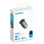 MOMAX PD 30W Type-C+USB-telefonhurtigoplader ABS+Aluminiumslegering Biloplader (CE-certificeret)