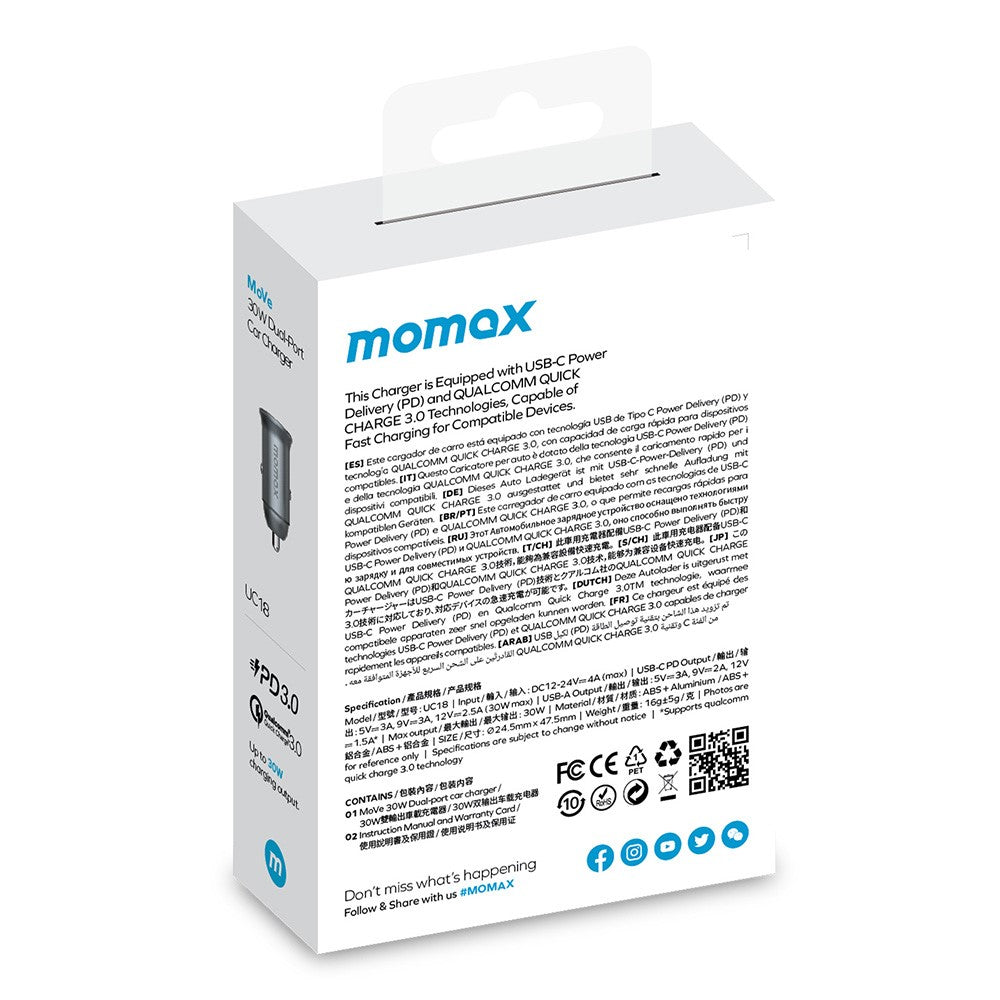 MOMAX PD 30W Type-C+USB-telefonhurtigoplader ABS+Aluminiumslegering Biloplader (CE-certificeret)