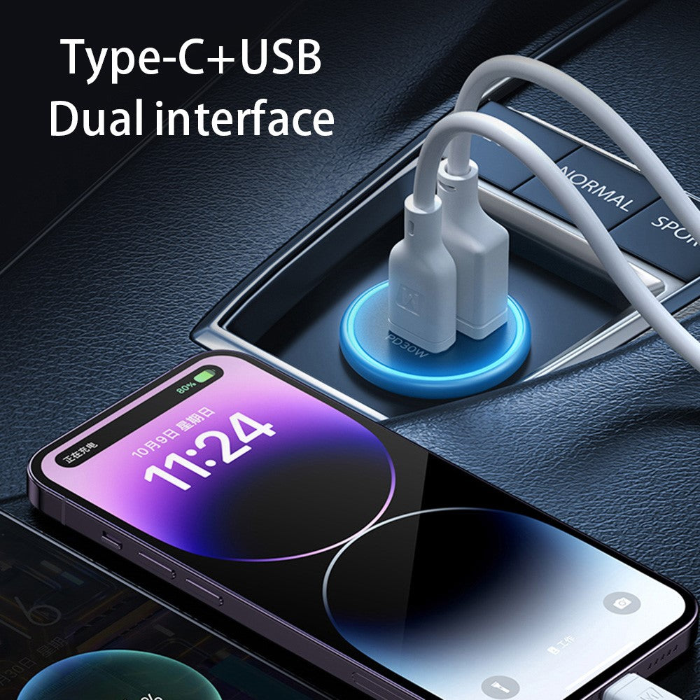 MOMAX PD 30W Type-C+USB-telefonhurtigoplader ABS+Aluminiumslegering Biloplader (CE-certificeret)