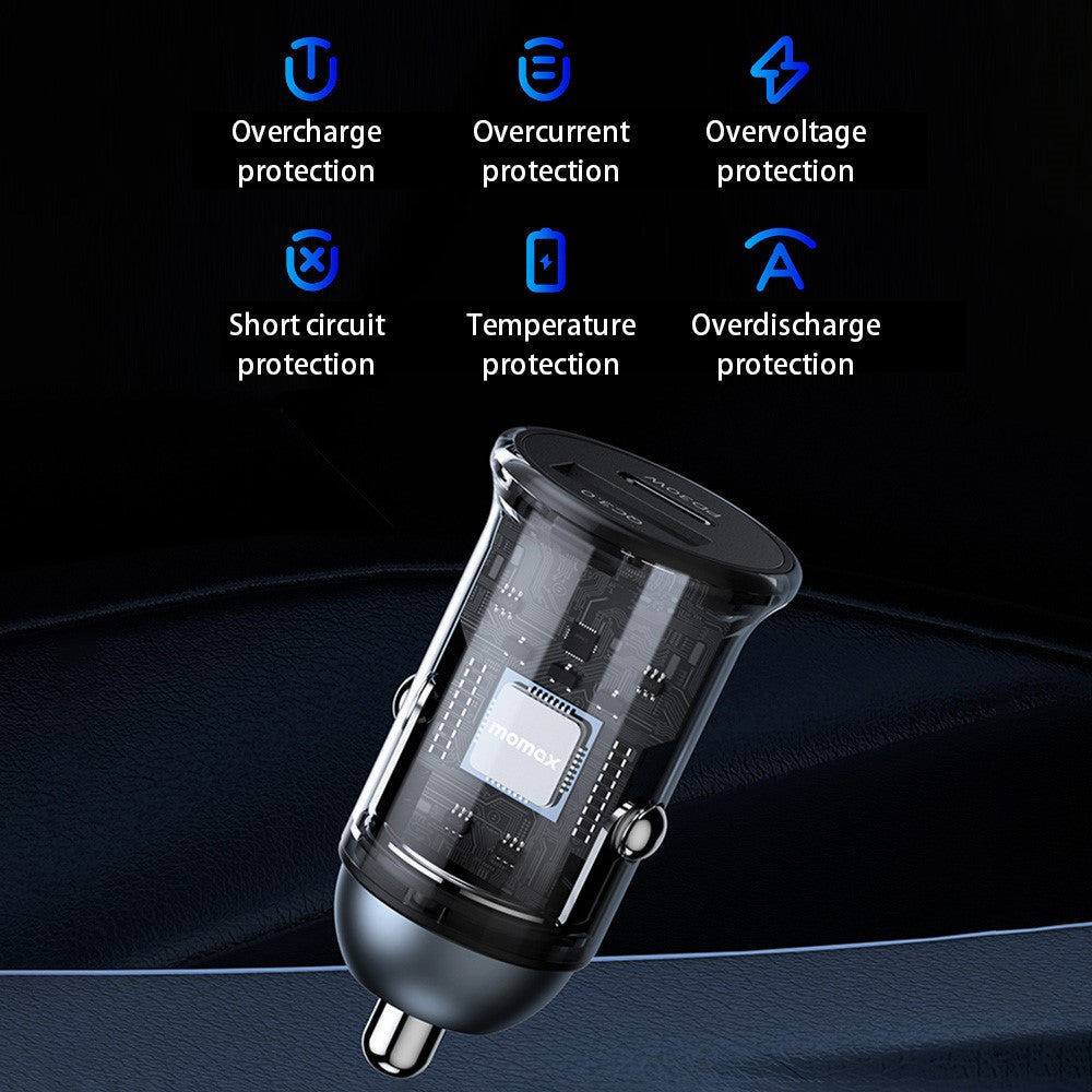 MOMAX PD 30W Type-C+USB-telefonhurtigoplader ABS+Aluminiumslegering Biloplader (CE-certificeret)