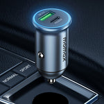 MOMAX PD 30W Type-C+USB-telefonhurtigoplader ABS+Aluminiumslegering Biloplader (CE-certificeret)