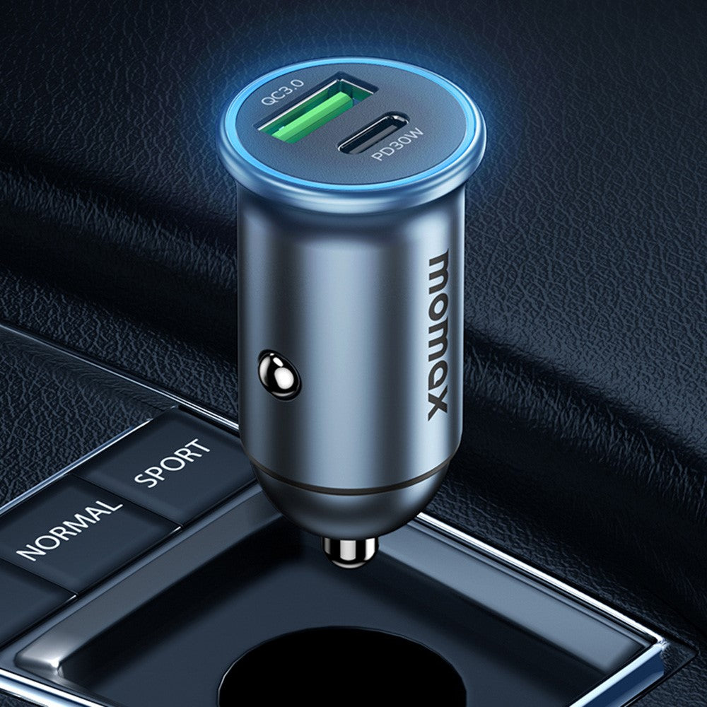 MOMAX PD 30W Type-C+USB-telefonhurtigoplader ABS+Aluminiumslegering Biloplader (CE-certificeret)