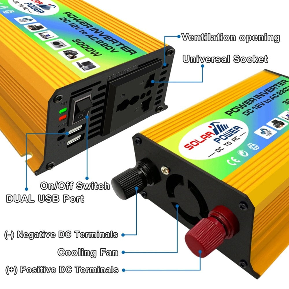 Tang I 12V til 220V 3000W intelligent bilinverter med dobbelt USB til camping og rejser