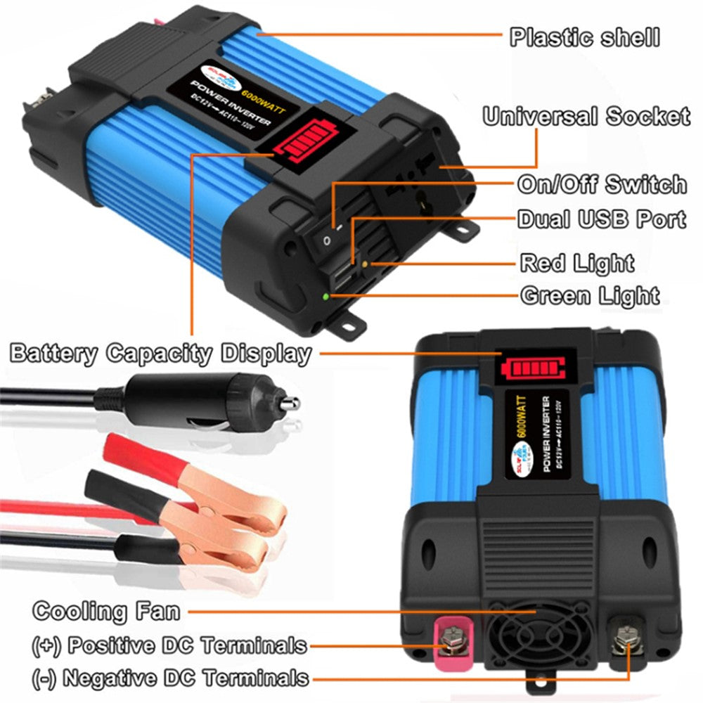 SOLIKETECH 500W 12V-110V Bilstrømomformer LED Batteridisplay Omformer Konverter med cigarettænderkabel