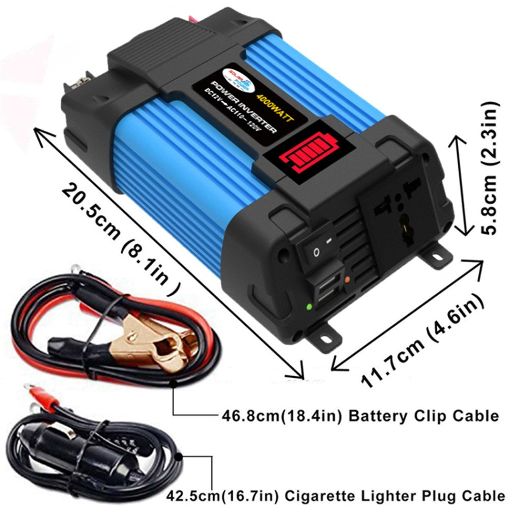 SOLIKETECH 300W 12V-110V strøminverter LED-batteridisplay Mini-bilstrøminverterkonverter med cigarettænderkabel