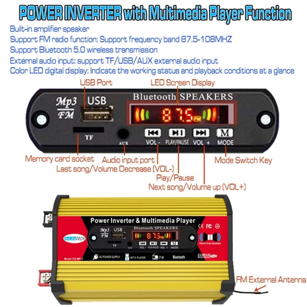 SOLIKETECH 300W Car Power Inverter with Bluetooth / MP3 / FM Multimedia Player 12V-220V Inverter Converter