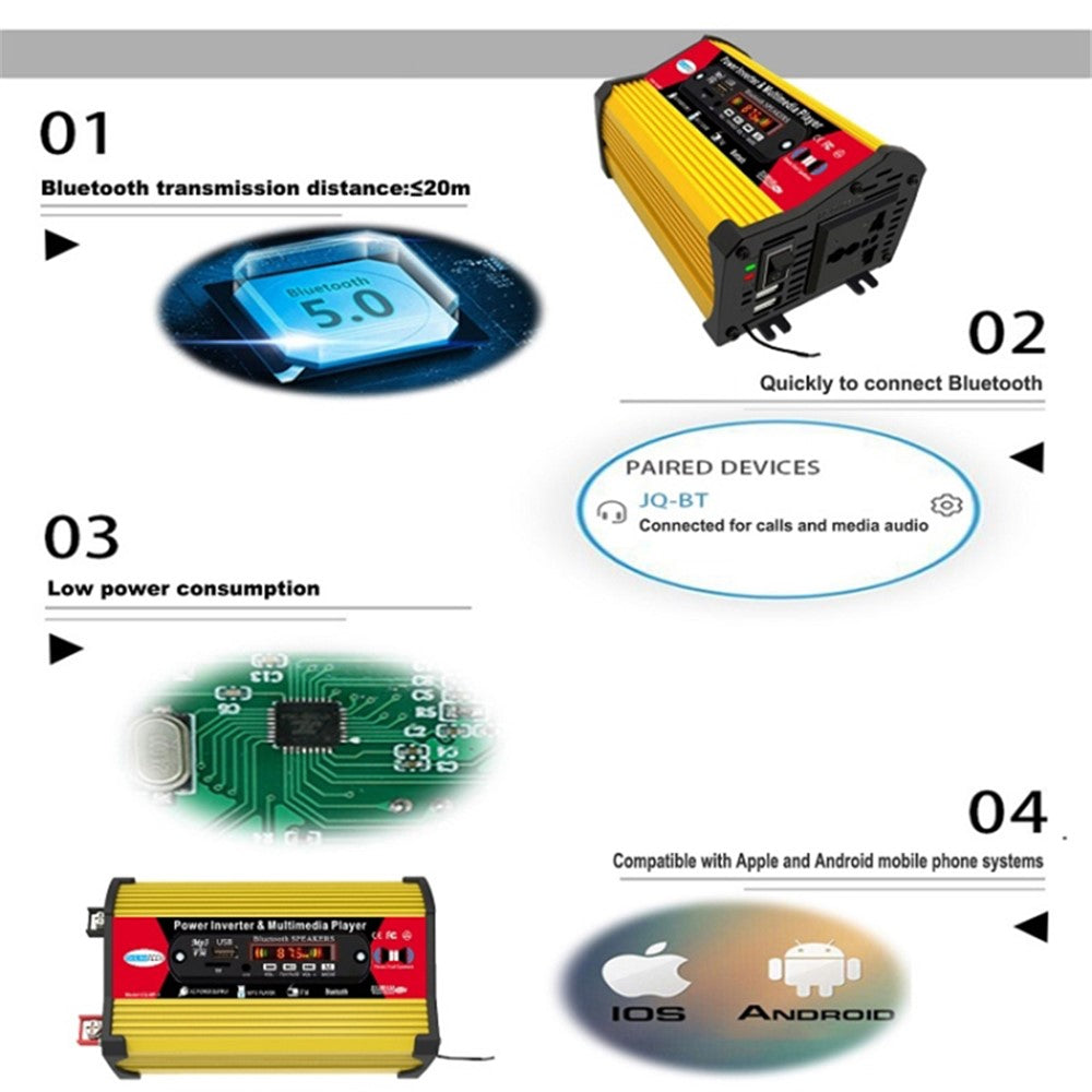 SOLIKETECH 300W Car Power Inverter with Bluetooth / MP3 / FM Multimedia Player 12V-220V Inverter Converter