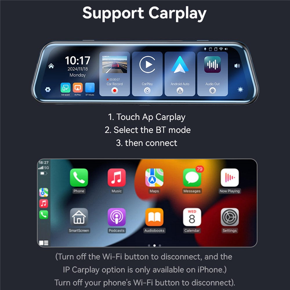 YESIDO KM24 Carplay Streaming Rearview Mirror Dash Cam Android Auto Airplay Screen