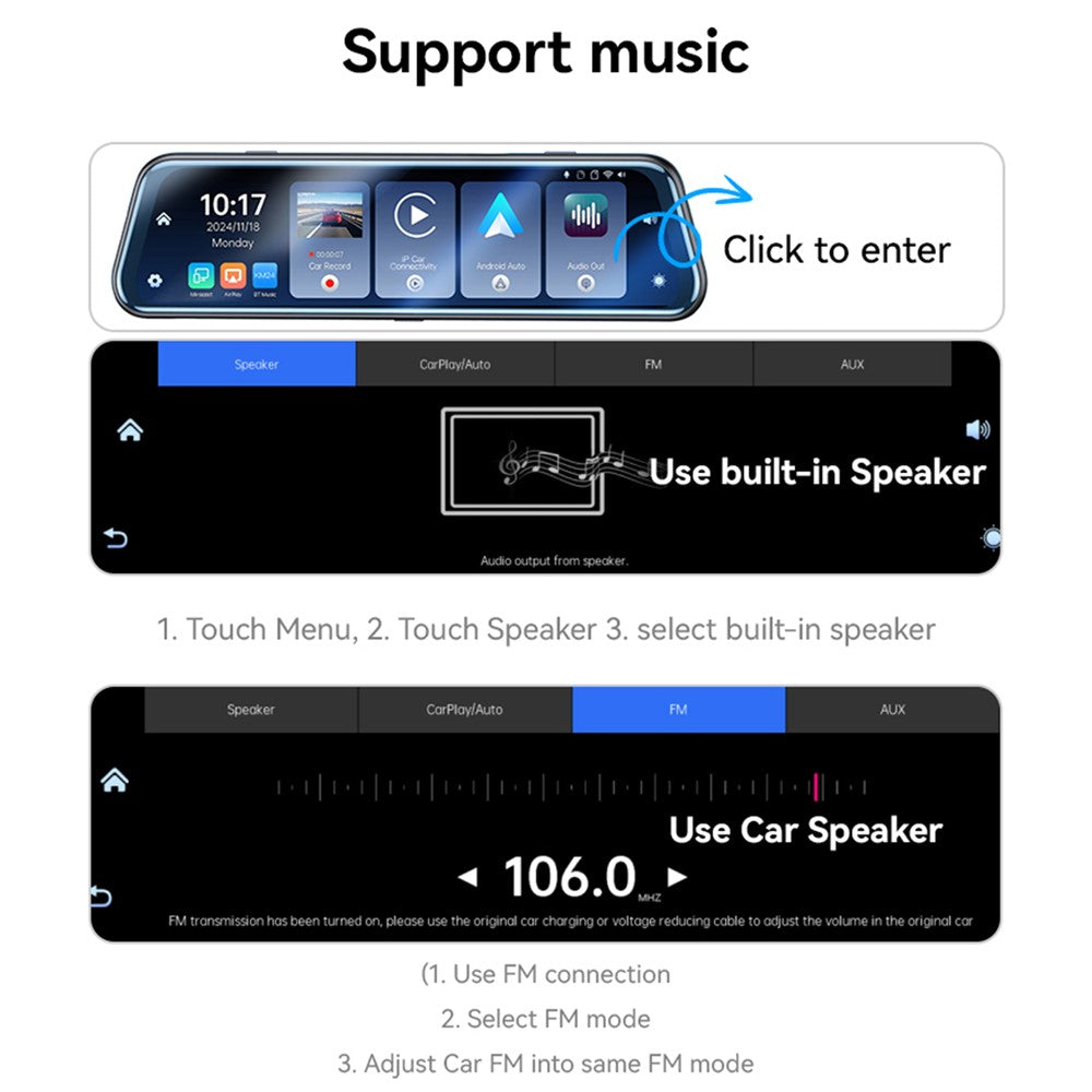 YESIDO KM24 Carplay Streaming Rearview Mirror Dash Cam Android Auto Airplay Screen