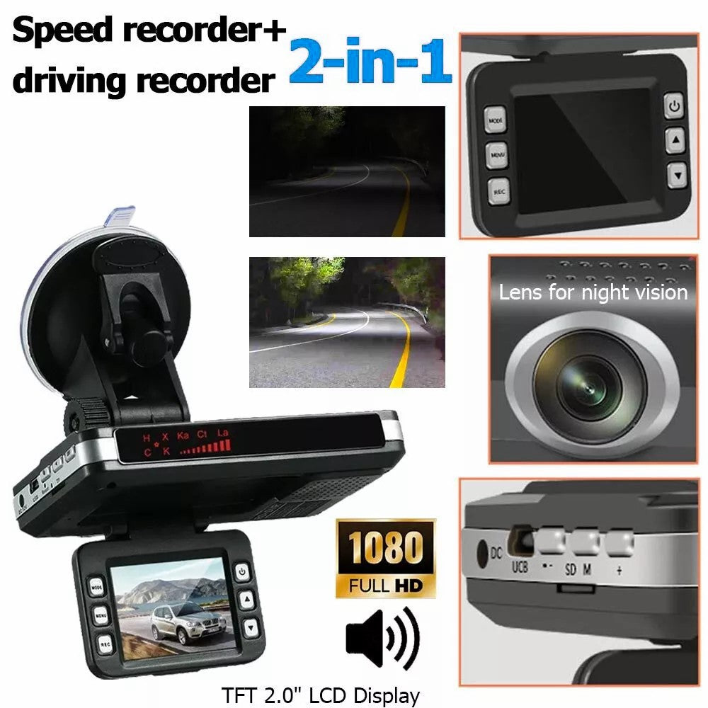 2-i-1 Nattevison Bil DVR Hastighedskamera Alert Dash Cam Radar Detektor (russisk version)