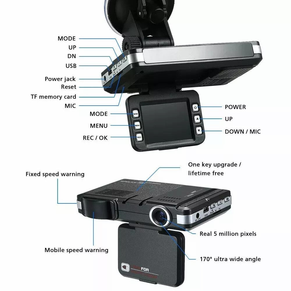 2-i-1 Nattevison Bil DVR Hastighedskamera Alert Dash Cam Radar Detektor (russisk version)