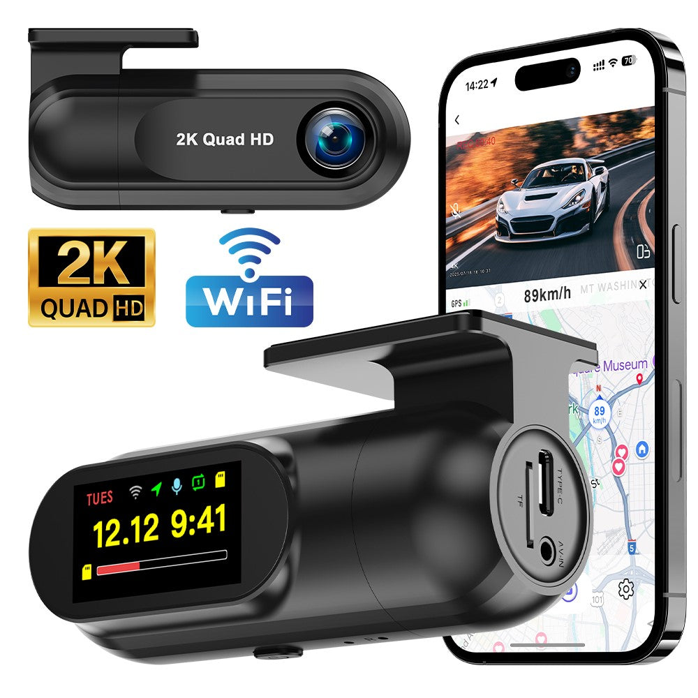 2K WiFi Dash Cam Vidvinkel HD Nattesyn Bil DVR Optager Understøtter Loop-optagelse