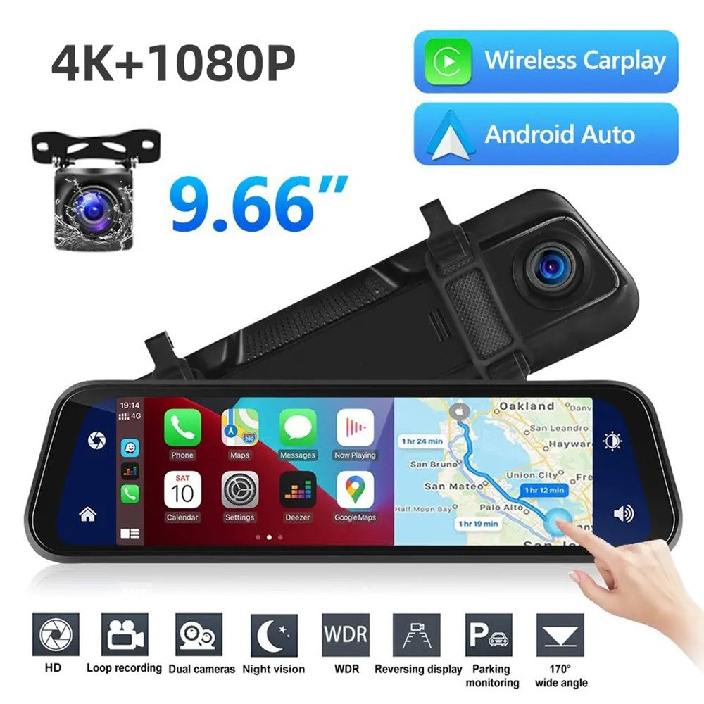 904 9.66 inch Touchscreen Dash Cam CarPlay Full-Screen Streaming Rearview Mirror 4K+1080P Dual Lens Car DVR with Night Vision  /  Emergency Recording
