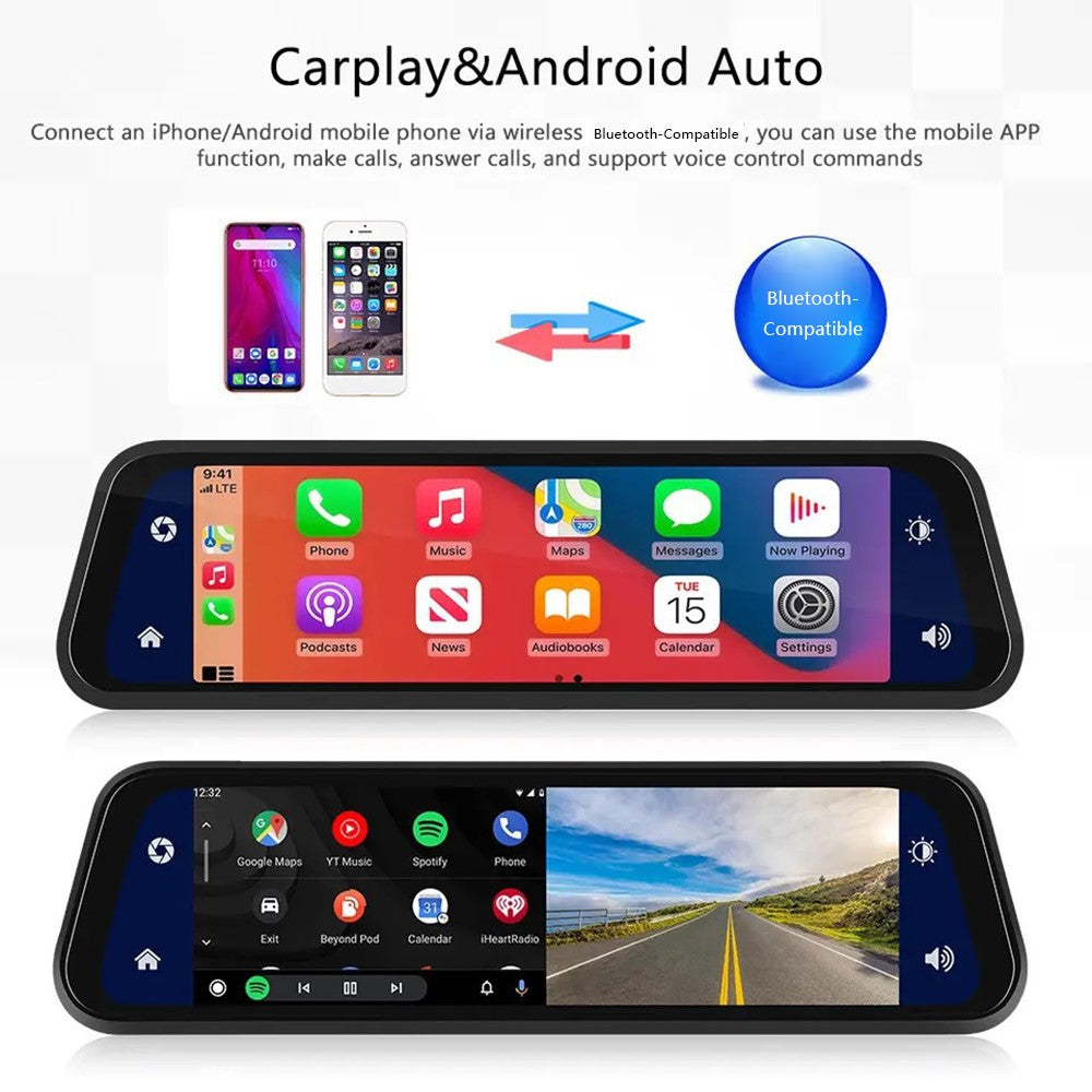 904 9.66 inch Touchscreen Dash Cam CarPlay Full-Screen Streaming Rearview Mirror 4K+1080P Dual Lens Car DVR with Night Vision  /  Emergency Recording