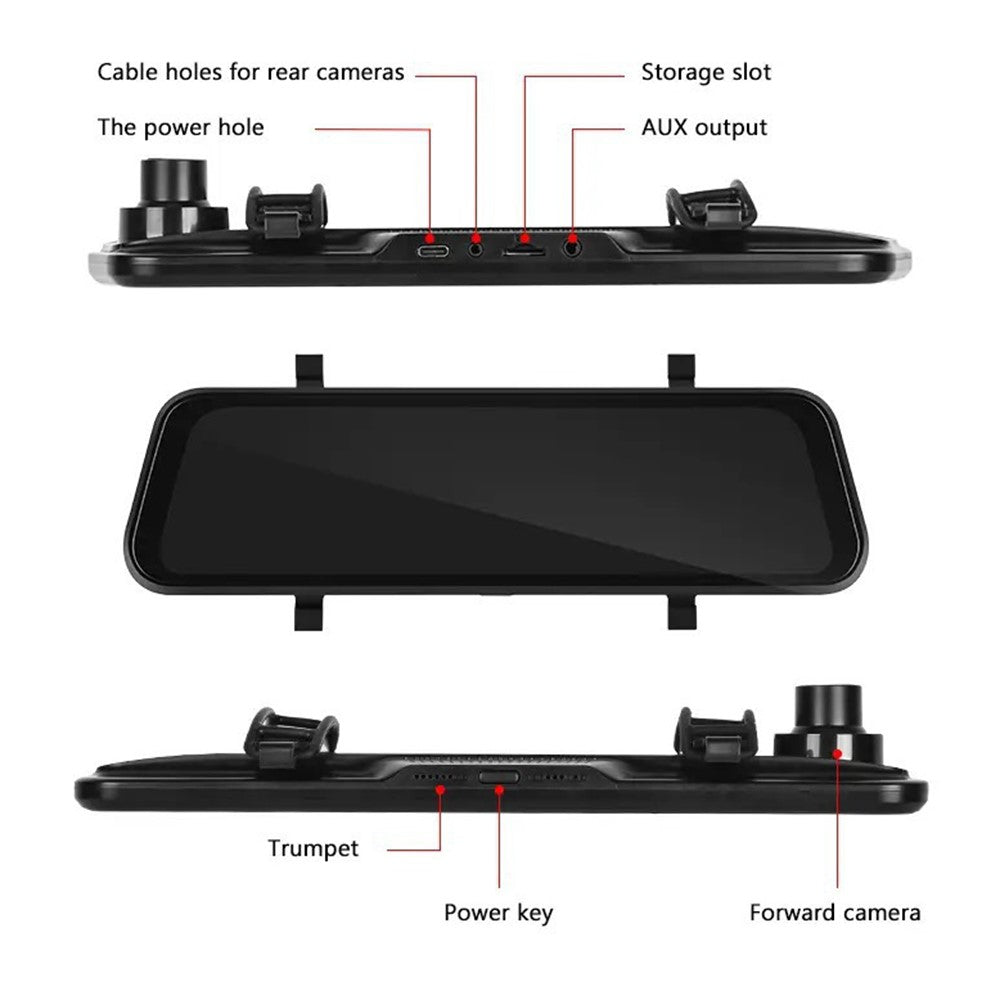 904 9.66 inch Touchscreen Dash Cam CarPlay Full-Screen Streaming Rearview Mirror 4K+1080P Dual Lens Car DVR with Night Vision  /  Emergency Recording