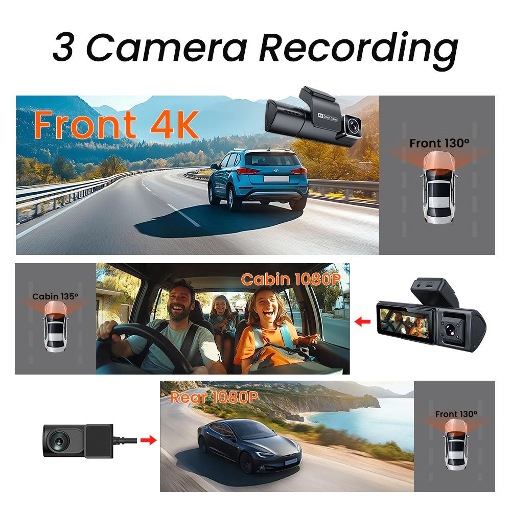 F9 3 Channels Dash Cam GPS 4K Front + 1080P Inside and Rear Night Vision Car Camera Support WiFi App Control