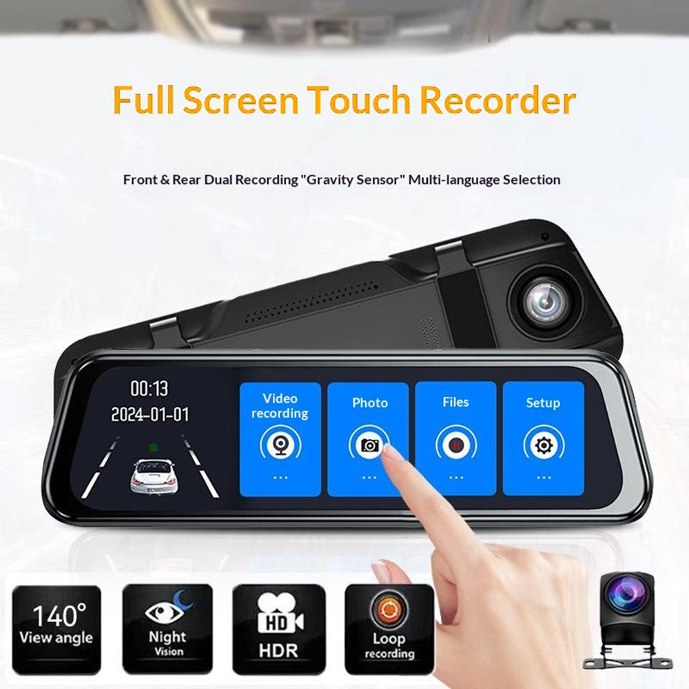 H111-TP HD Streaming Card Recorder Dash Cam 9.66 Inch IPS Touch Screen Dual Lens HD Night Vision Rearview Mirror DVR