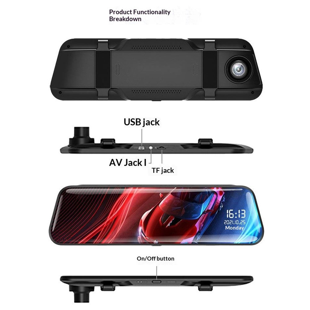H111-TP HD Streaming Card Recorder Dash Cam 9.66 Inch IPS Touch Screen Dual Lens HD Night Vision Rearview Mirror DVR