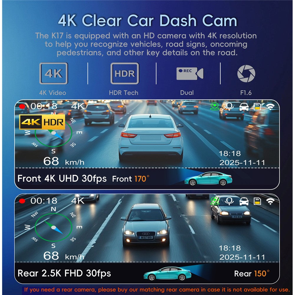 K17 Dual 4K Dash Cam Front and Rear Camera HDR Night Vision ADAS GPS Tracking 24H Parking Monitor Car DVR