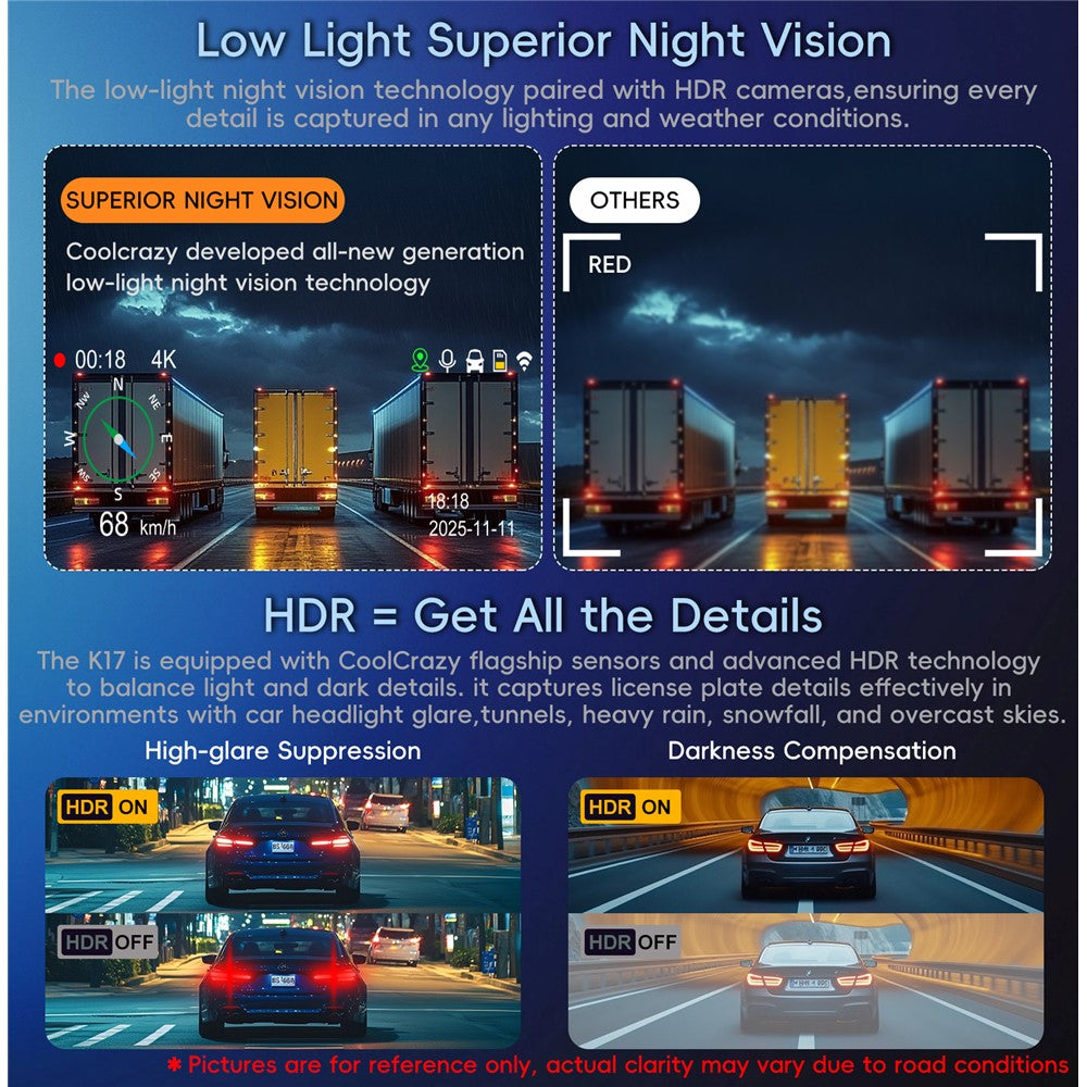 K17 Dual 4K Dash Cam Front and Rear Camera HDR Night Vision ADAS GPS Tracking 24H Parking Monitor Car DVR