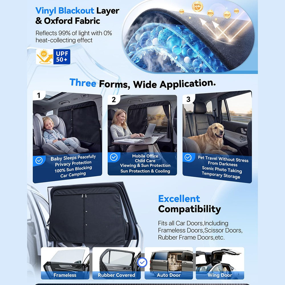 NMOISS M Size Magnetic Car Side Window Sunshade Zipper Suction Cup Design UV Protection Privacy Curtain