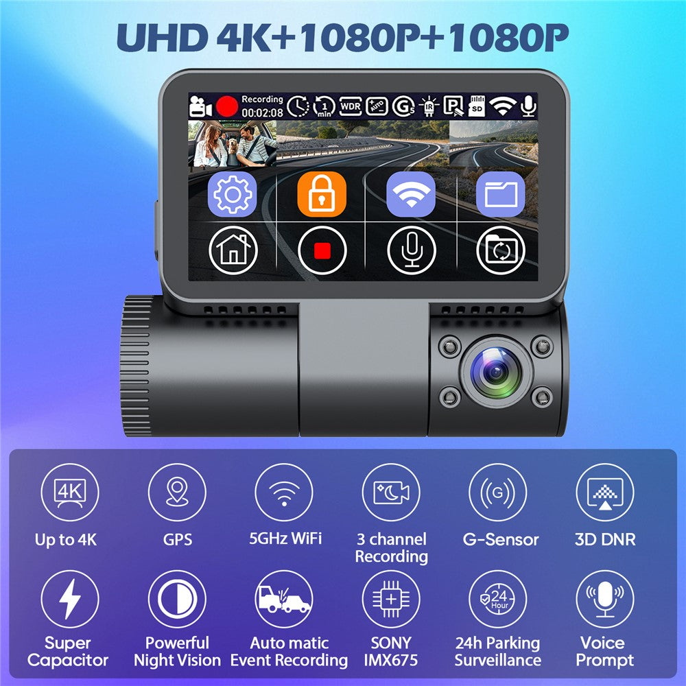 V66 Dash Cam 4K Touch Screen 3-Channel Front Cabin Rear Camera 5GHz WiFi GPS ADAS Night Vision Car DVR