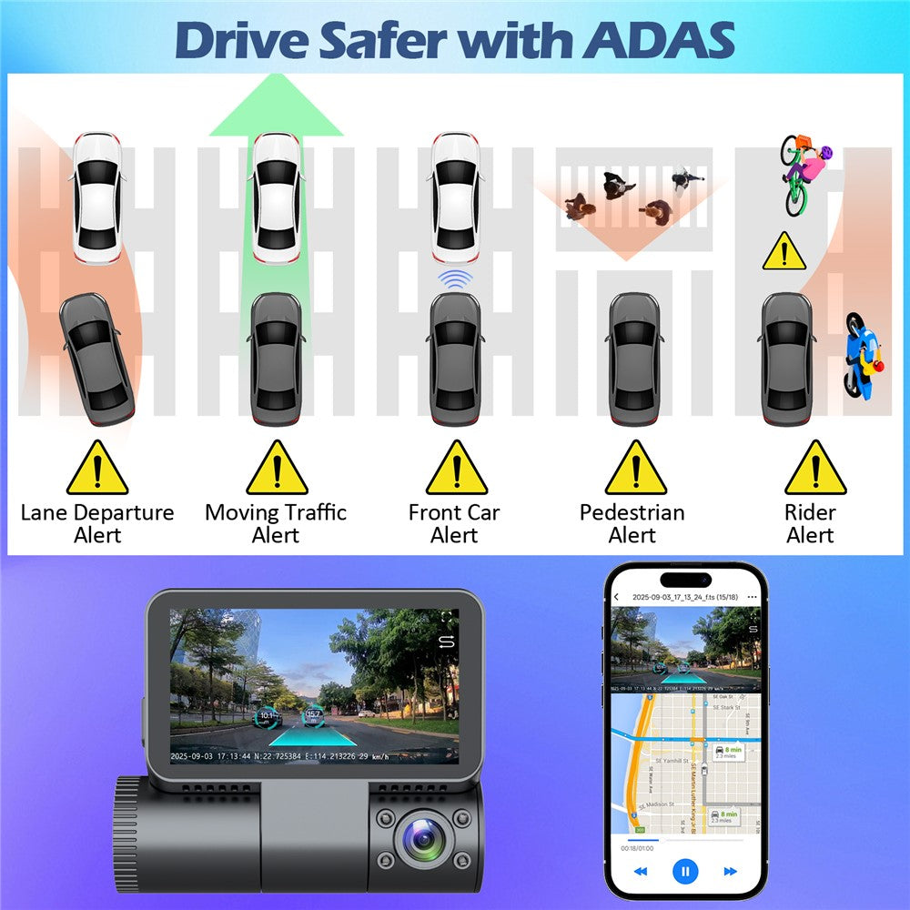 V66 Dash Cam 4K Touch Screen 3-Channel Front Cabin Rear Camera 5GHz WiFi GPS ADAS Night Vision Car DVR