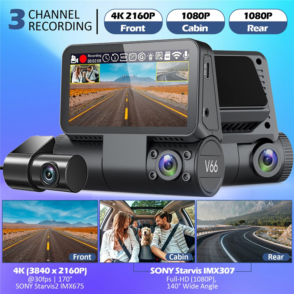 V66 Dash Cam 4K Touch Screen 3-Channel Front Cabin Rear Camera 5GHz WiFi GPS ADAS Night Vision Car DVR