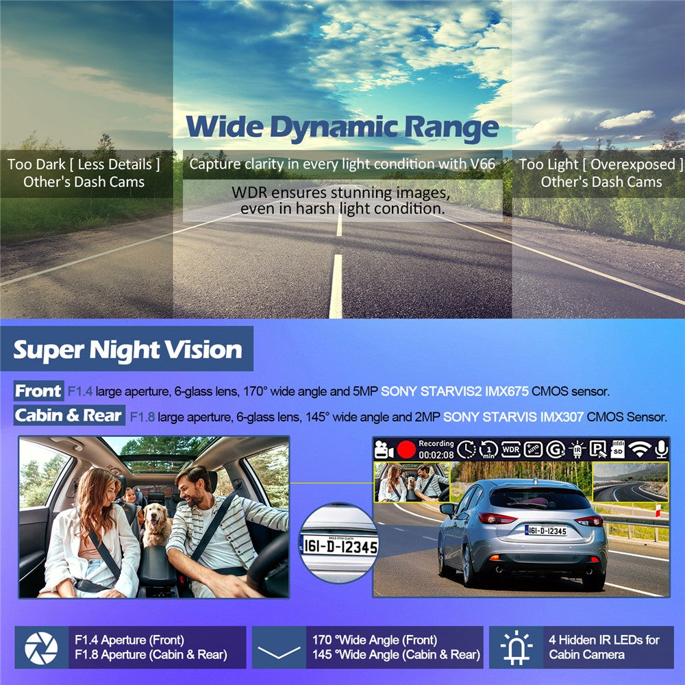 V66 Dash Cam 4K Touch Screen 3-Channel Front Cabin Rear Camera 5GHz WiFi GPS ADAS Night Vision Car DVR