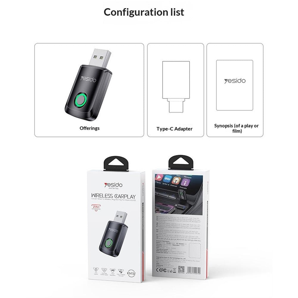 YESIDO KM32 Wireless CarPlay Adapter Dual Core Car Android Auto Adapter for Apple Android