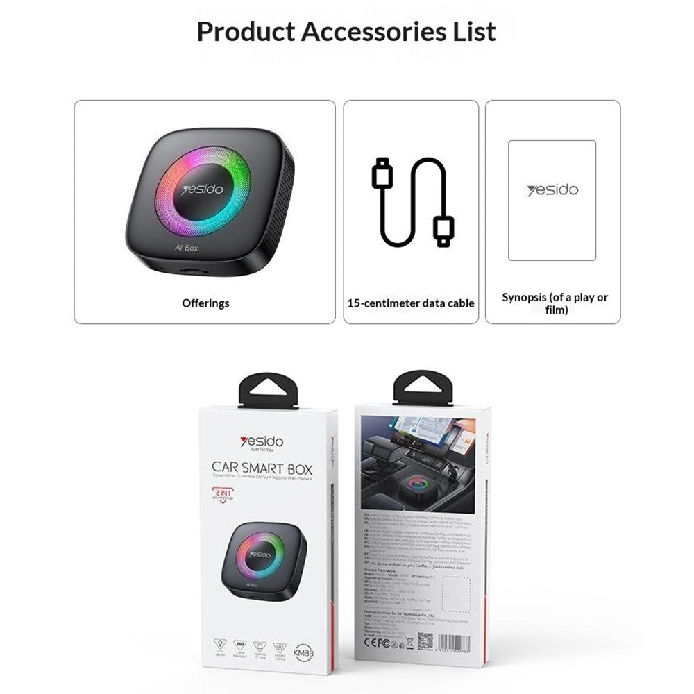 YESIDO KM33 Wireless CarPlay Android Auto AI Box 3 in 1 Dual Band WiFi Bluetooth-compatible 5.0 with RGB Light