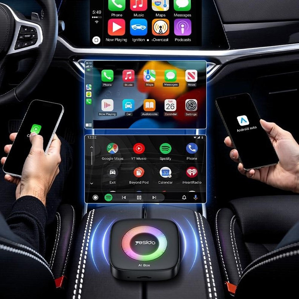 YESIDO KM33 Wireless CarPlay Android Auto AI Box 3 in 1 Dual Band WiFi Bluetooth-compatible 5.0 with RGB Light