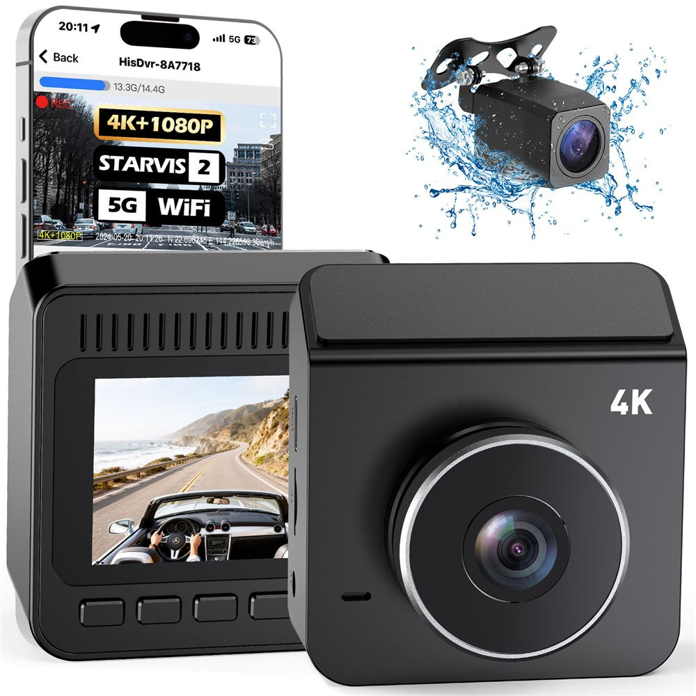 V63 4K + 1080P dobbeltoptagende dashcam, for og bag, HDR, nattesyn, indbygget 5,8 GHz WiFi, G-sensor, parkeringsmonitorering
