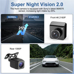V63 4K + 1080P dobbeltoptagende dashcam, for og bag, HDR, nattesyn, indbygget 5,8 GHz WiFi, G-sensor, parkeringsmonitorering