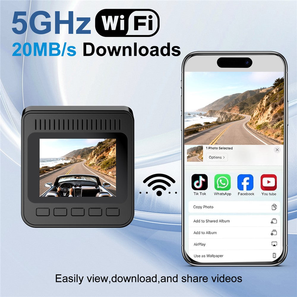 V63 4K + 1080P dobbeltoptagende dashcam, for og bag, HDR, nattesyn, indbygget 5,8 GHz WiFi, G-sensor, parkeringsmonitorering