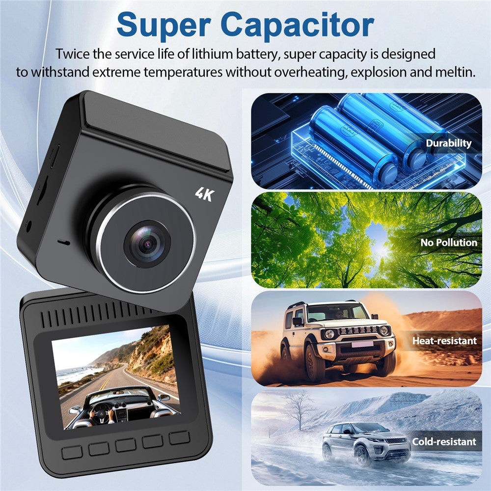 V63 4K + 1080P dobbeltoptagende dashcam, for og bag, HDR, nattesyn, indbygget 5,8 GHz WiFi, G-sensor, parkeringsmonitorering