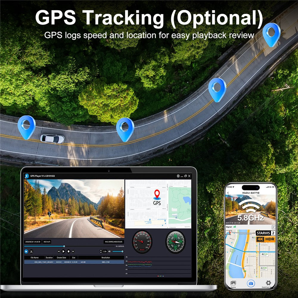 V63 4K + 1080P dobbeltoptagende dashcam, for og bag, HDR, nattesyn, indbygget 5,8 GHz WiFi, G-sensor, parkeringsmonitorering