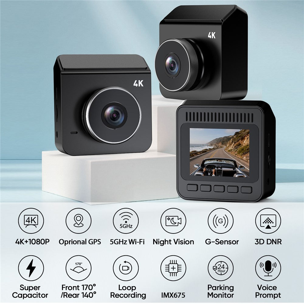 V63 4K + 1080P dobbeltoptagende dashcam, for og bag, HDR, nattesyn, indbygget 5,8 GHz WiFi, G-sensor, parkeringsmonitorering