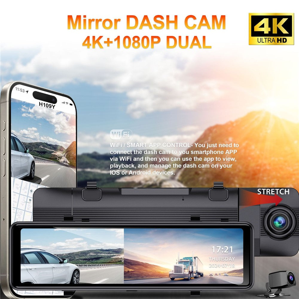 H109A 4K+1080P Dubbelinspelning WiFi Nattseende 10,1-tums Dash Cam med backspegel, driven med billaddare