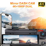 H109D WiFi GPS 4K+1080P Dobbeltoptagende Nattesyn 10,1 Tommer Bakspejl Dash Cam, Drives af Biloplader